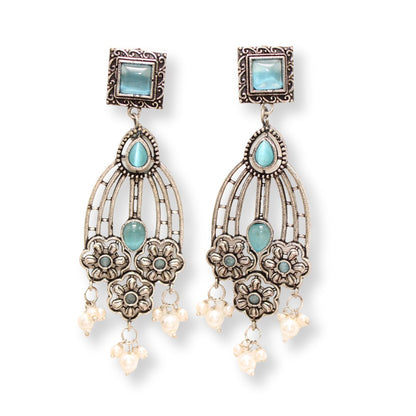 FLOWER TRIPLET DUAL-TONE STONE DANGLER JHUMKA-SKY BLUE -EARRING