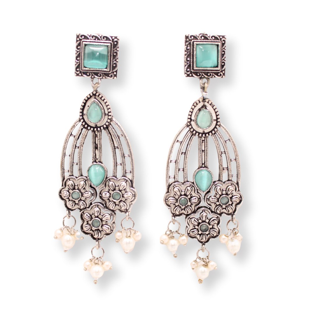 FLOWER TRIPLET DUAL-TONE STONE DANGLER JHUMKA-TURQUOISE -EARRING