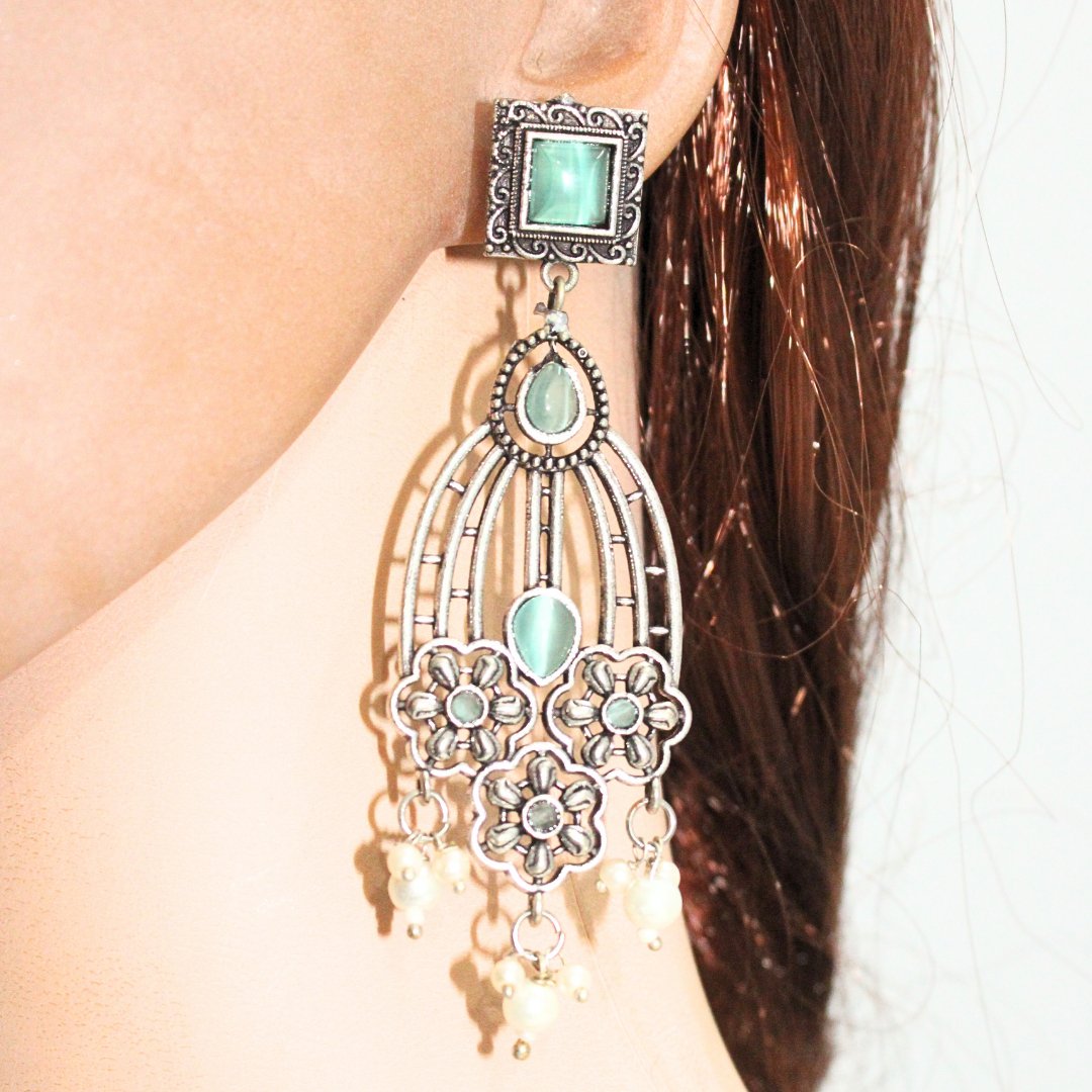 FLOWER TRIPLET DUAL-TONE STONE DANGLER JHUMKA-TURQUOISE -EARRING