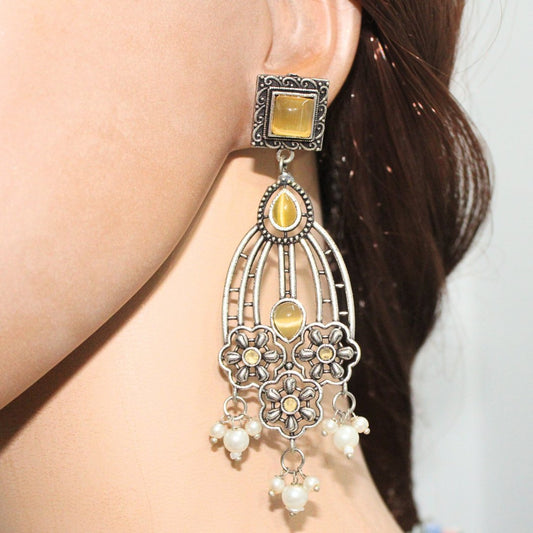 FLOWER TRIPLET DUAL-TONE STONE DANGLER JHUMKA-YELLOW -EARRING