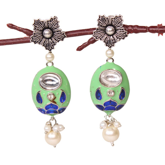 FLOWER WITH OVAL MEENAKARI JHUMKA-GREEN -EARRING