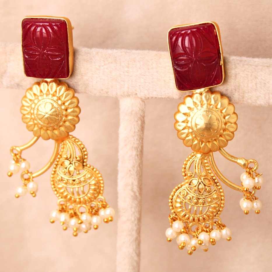 GOLDEN POLISH, RED RECTANGLE STONE EARRING -