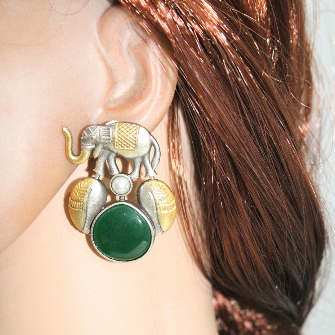 HAATHI DUAL TONE JHUMKA-GREEN -EARRING