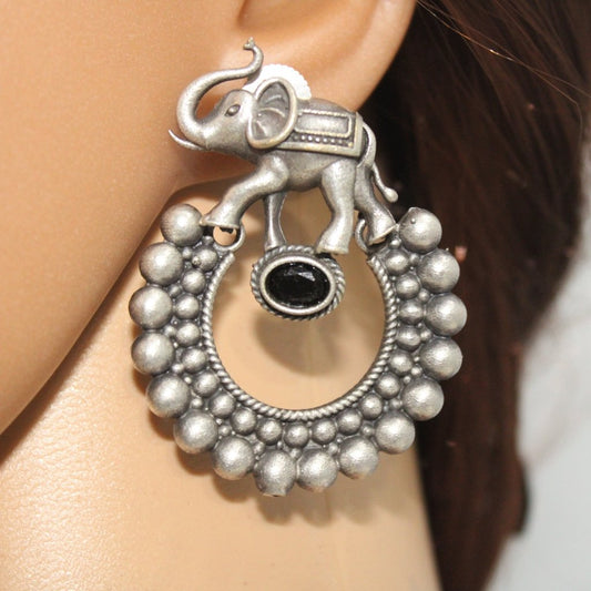 HAATHI WITH DOTTED RING PATTERN OXIDISED JHUMKA-BLACK -EARRING