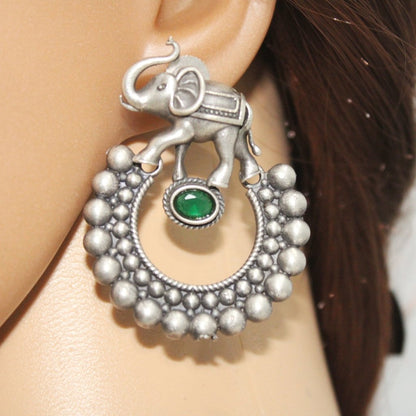 HAATHI WITH DOTTED RING PATTERN OXIDISED JHUMKA-GREEN -EARRING