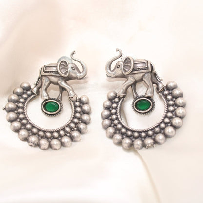 HAATHI WITH DOTTED RING PATTERN OXIDISED JHUMKA-GREEN -EARRING