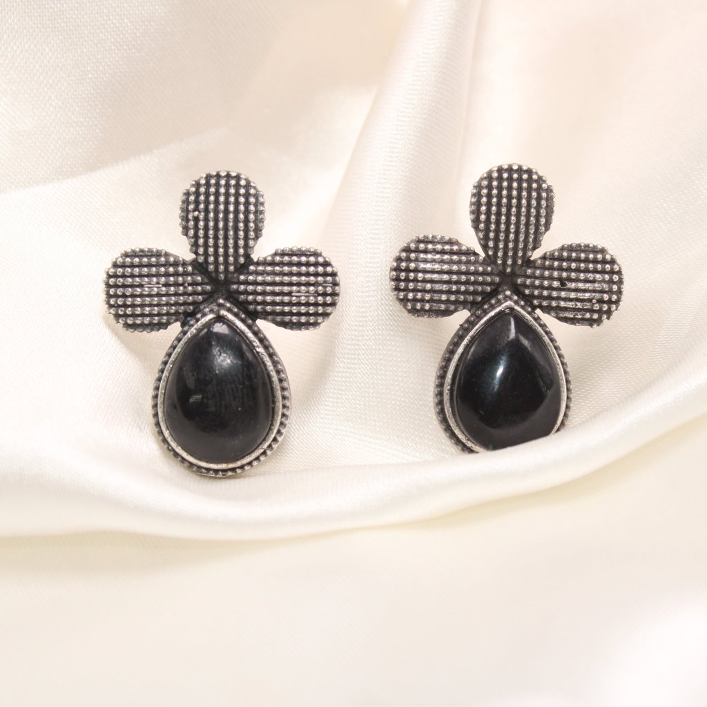 HALF FLOWER & DROP PATTERN STUD WITH STONE-BLACK -EARRING