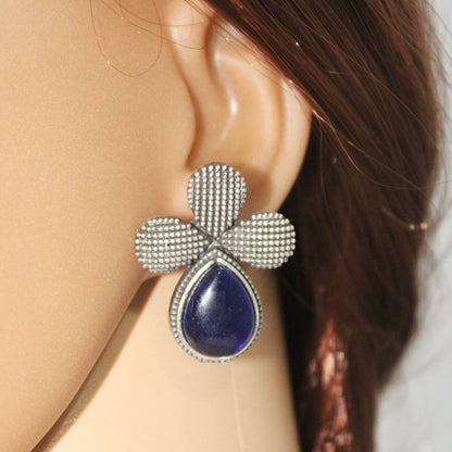 HALF FLOWER & DROP PATTERN STUD WITH STONE-BLUE -EARRING