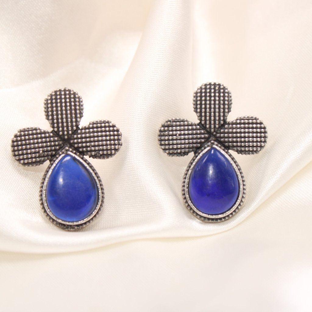 HALF FLOWER & DROP PATTERN STUD WITH STONE-BLUE -EARRING