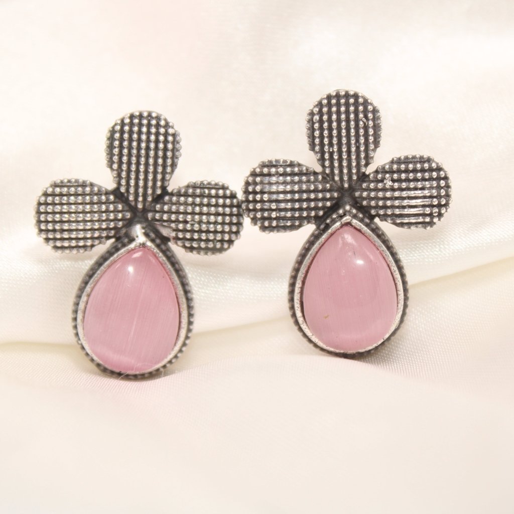 HALF FLOWER & DROP PATTERN STUD WITH STONE-PINK -EARRING