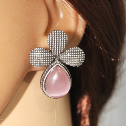 HALF FLOWER & DROP PATTERN STUD WITH STONE-PINK -EARRING