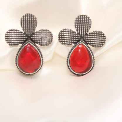 HALF FLOWER & DROP PATTERN STUD WITH STONE-RED -EARRING