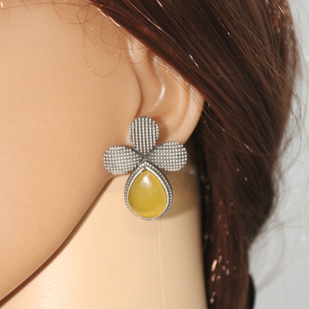 HALF FLOWER & DROP PATTERN STUD WITH STONE-YELLOW -EARRING