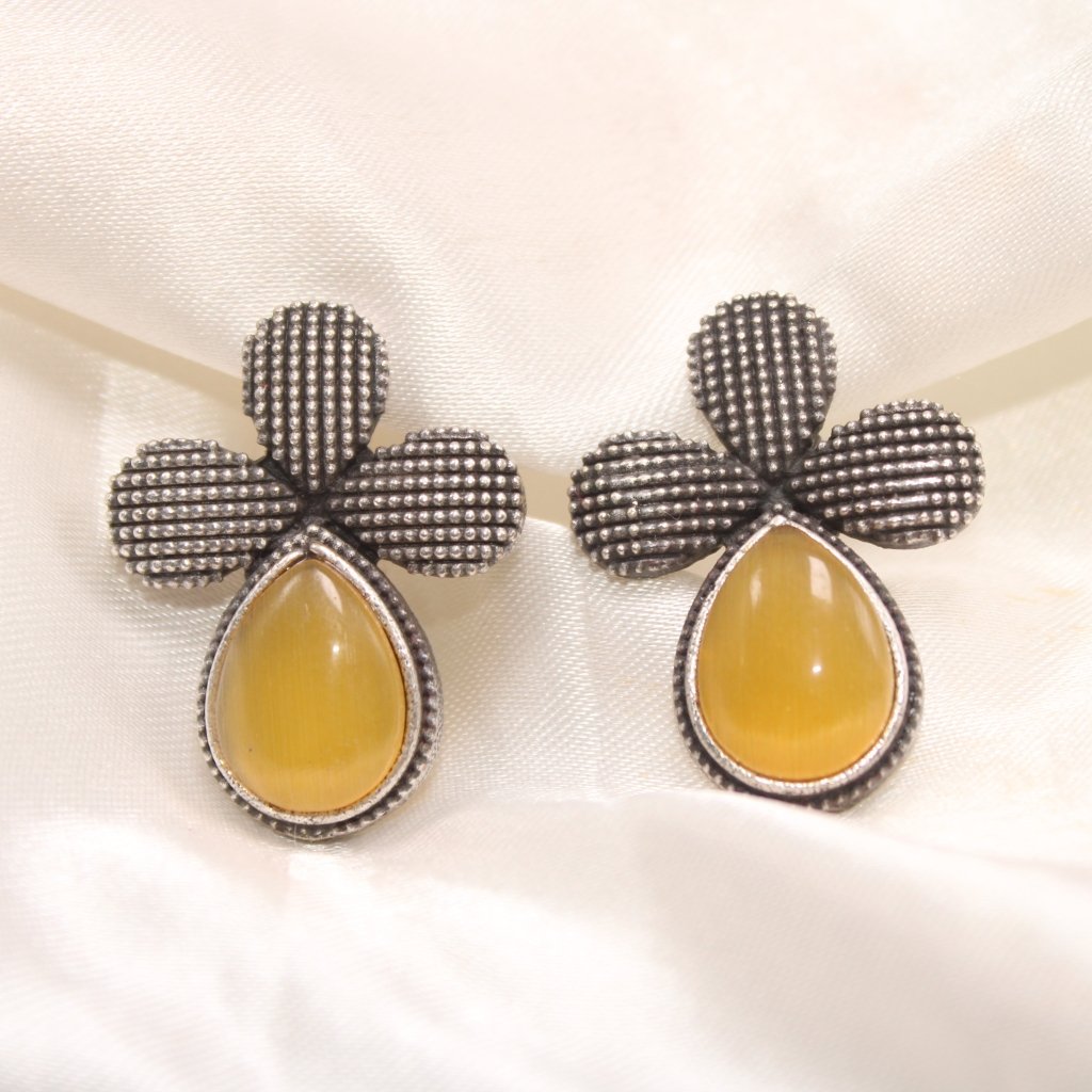 HALF FLOWER & DROP PATTERN STUD WITH STONE-YELLOW -EARRING