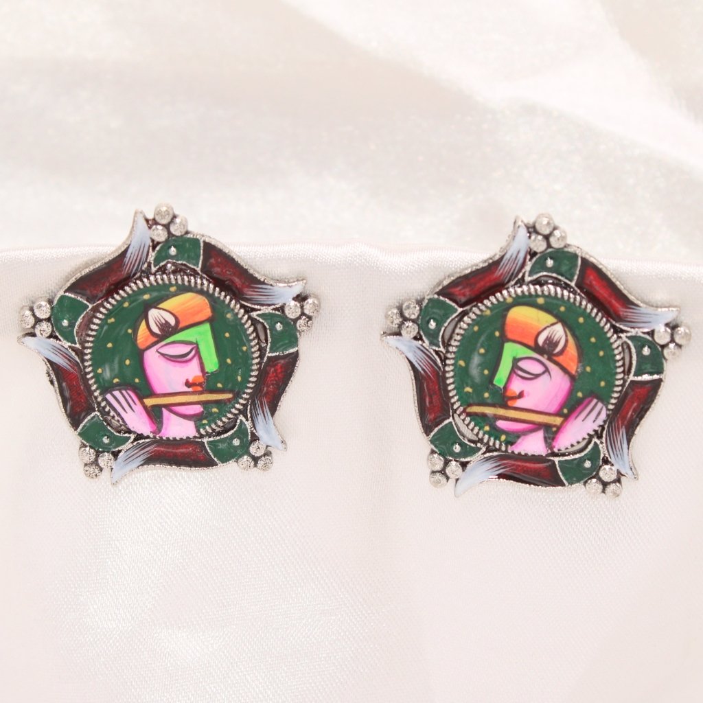 HANDPAINTED FACE PATTERN MEENAKARI STUDS-KRISHNA BANSURI PINK FACE -EARRING