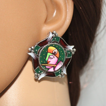 HANDPAINTED FACE PATTERN MEENAKARI STUDS-KRISHNA BANSURI PINK FACE -EARRING