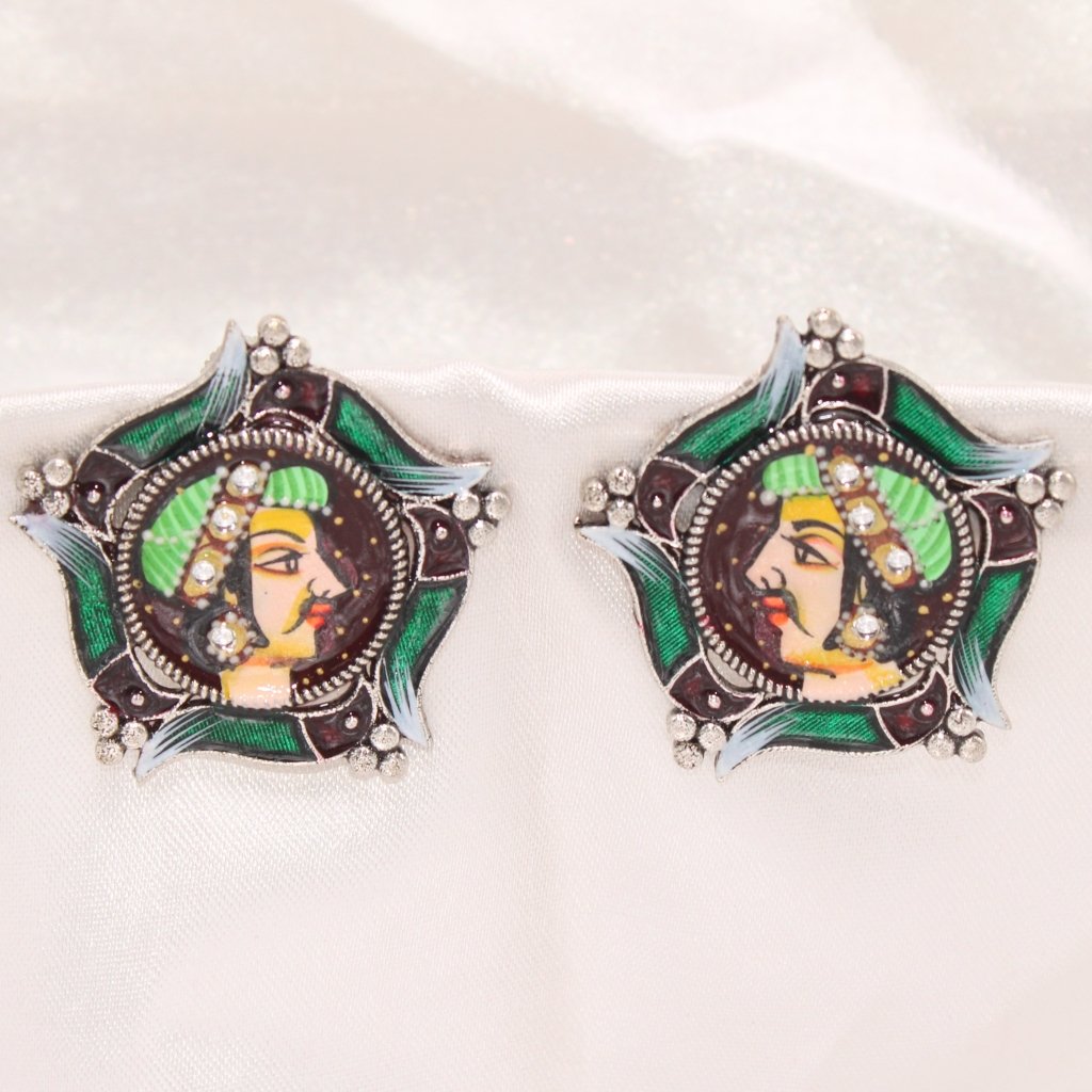 HANDPAINTED FACE PATTERN MEENAKARI STUDS-RAJA GREEN CAP -EARRING