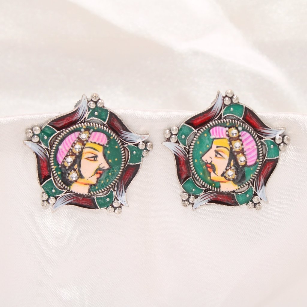 HANDPAINTED FACE PATTERN MEENAKARI STUDS-RAJA PINK CAP -EARRING