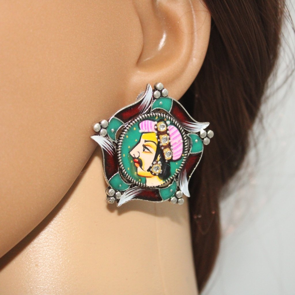 HANDPAINTED FACE PATTERN MEENAKARI STUDS-RAJA PINK CAP -EARRING