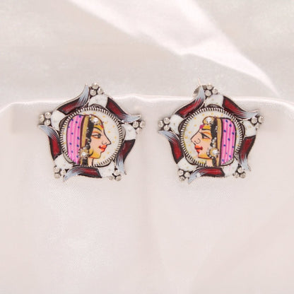 HANDPAINTED FACE PATTERN MEENAKARI STUDS-RANI WHITE RED -EARRING