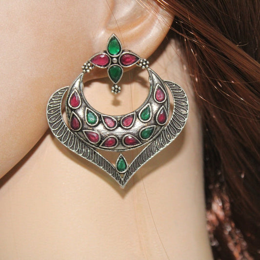 HEART & MOON PATTERN EARRINGS-MAROON & GREEN -