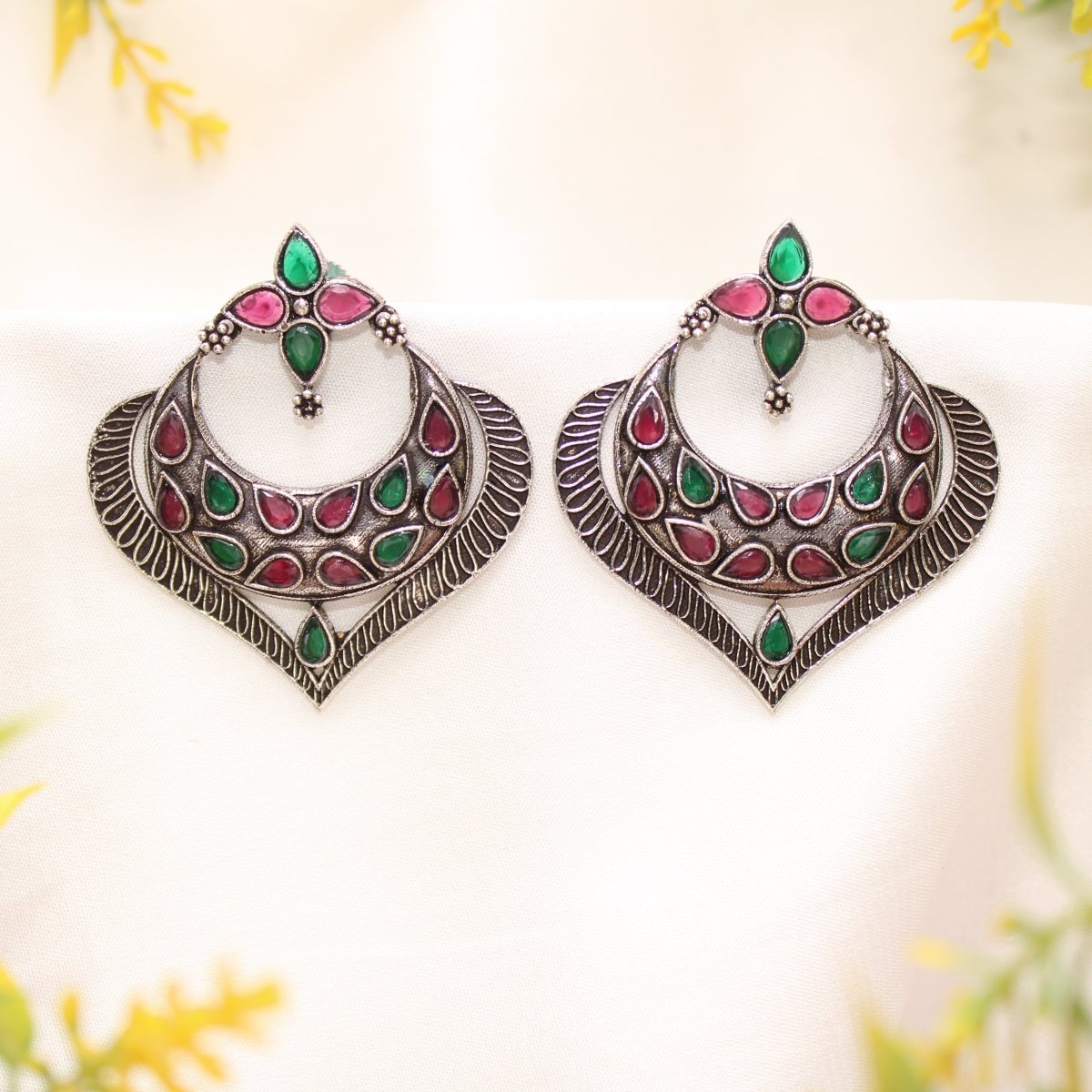 HEART & MOON PATTERN EARRINGS-MAROON & GREEN -