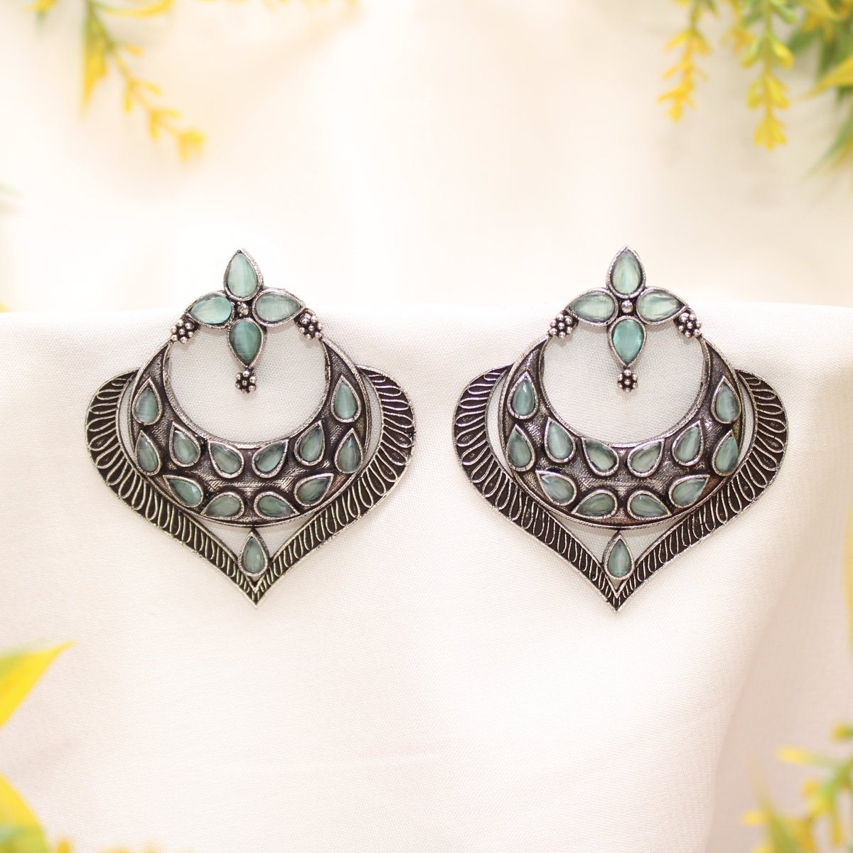 HEART & MOON PATTERN EARRINGS-MINT -