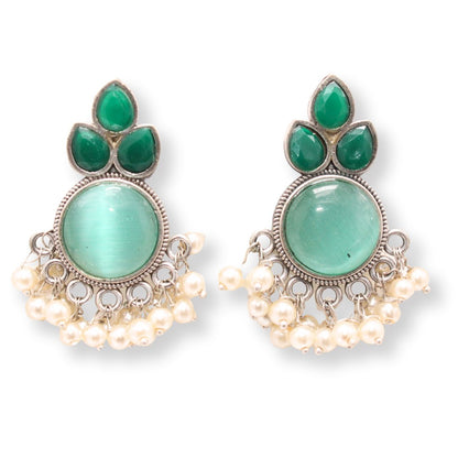 KALASH PATTERN WITH MULTICOLOUR STONES & PEARLS STUDS-DARK GREEN & LIGHT GREEN -EARRING