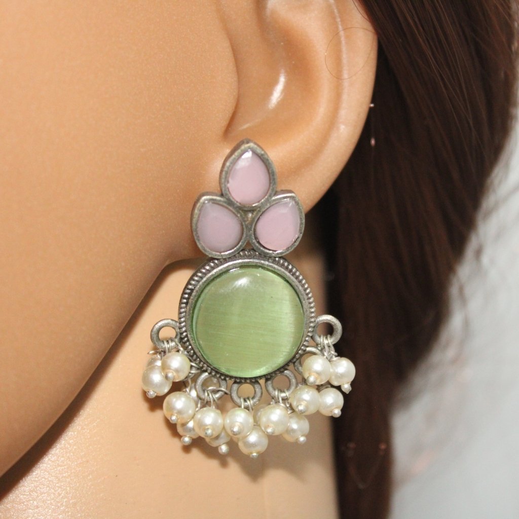 KALASH PATTERN WITH MULTICOLOUR STONES & PEARLS STUDS-LIGHT GREEN -EARRING