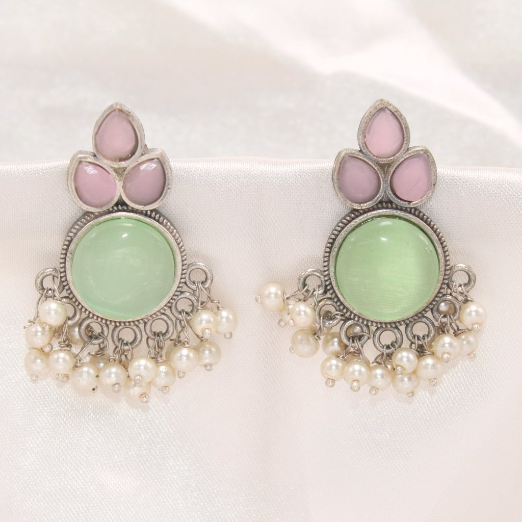 KALASH PATTERN WITH MULTICOLOUR STONES & PEARLS STUDS-LIGHT GREEN -EARRING