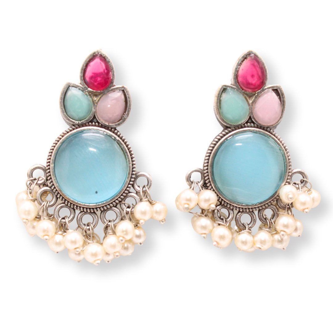 KALASH PATTERN WITH MULTICOLOUR STONES & PEARLS STUDS-SKY BLUE & MAGENTA -EARRING