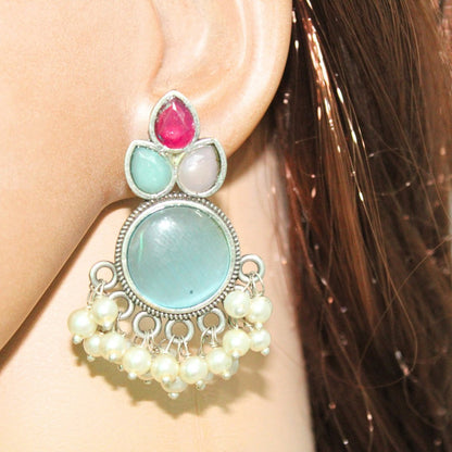 KALASH PATTERN WITH MULTICOLOUR STONES & PEARLS STUDS-SKY BLUE & MAGENTA -EARRING