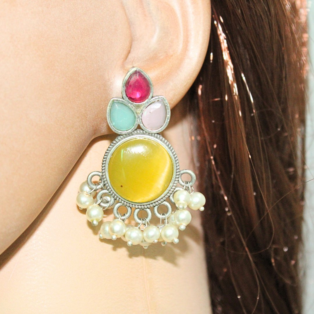 KALASH PATTERN WITH MULTICOLOUR STONES & PEARLS STUDS-YELLOW & MAGENTA -EARRING