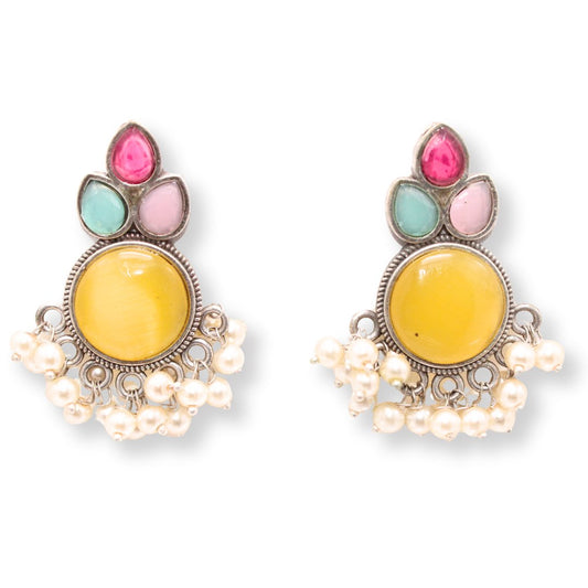 KALASH PATTERN WITH MULTICOLOUR STONES & PEARLS STUDS-YELLOW & MAGENTA -EARRING