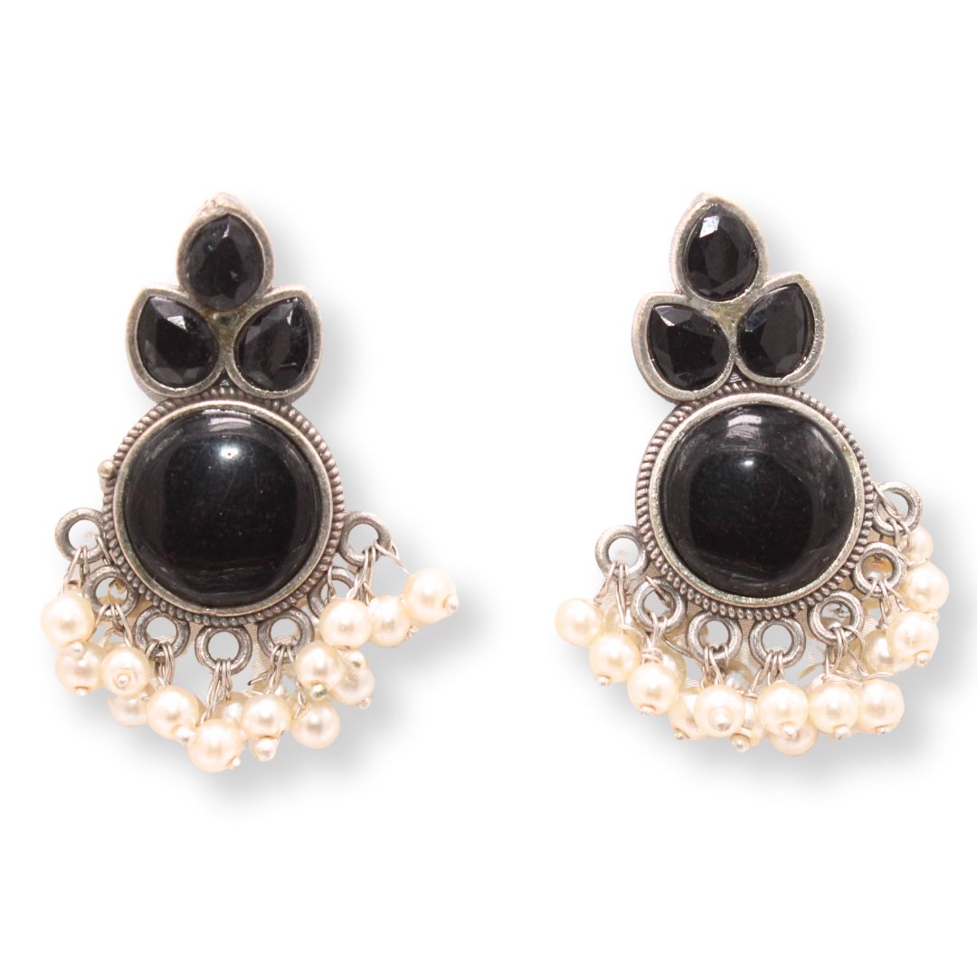 KALASH PATTERN WITH STONES & PEARLS STUDS-BLACK -EARRING