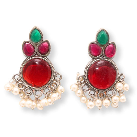 KALASH PATTERN WITH STONES & PEARLS STUDS-RED & GREEN -EARRING