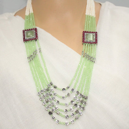 LONG MULTI LAYER CHAIN NECKLACE SET-GREEN -Necklace set