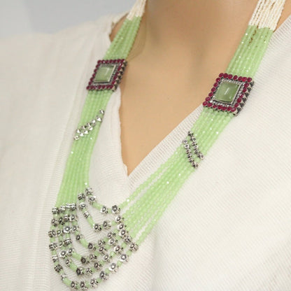 LONG MULTI LAYER CHAIN NECKLACE SET-GREEN -Necklace set