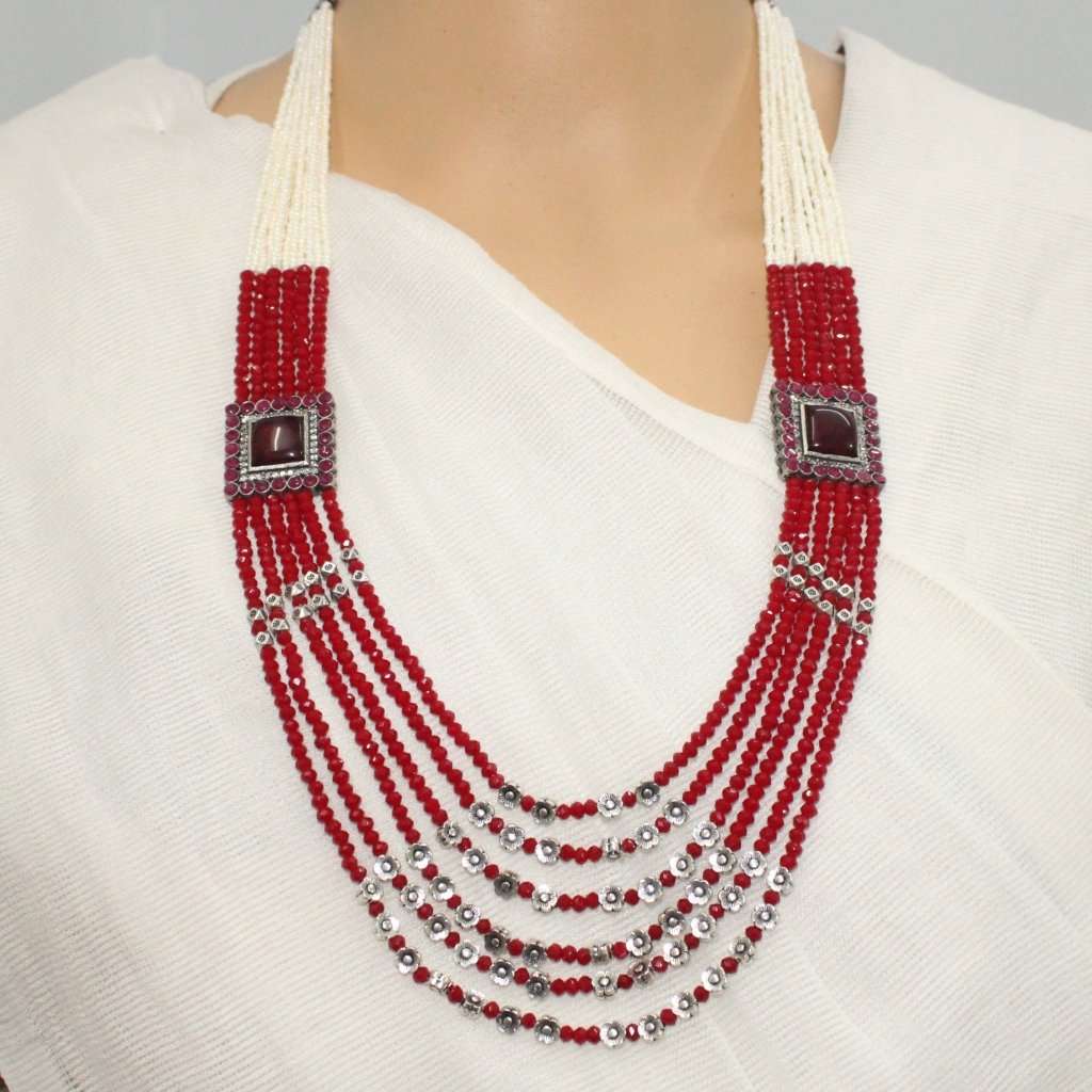 LONG MULTI LAYER CHAIN NECKLACE SET-MAROON -Necklace set