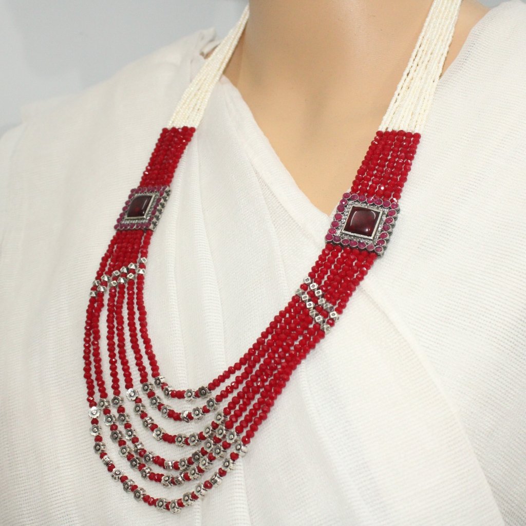 LONG MULTI LAYER CHAIN NECKLACE SET-MAROON -Necklace set