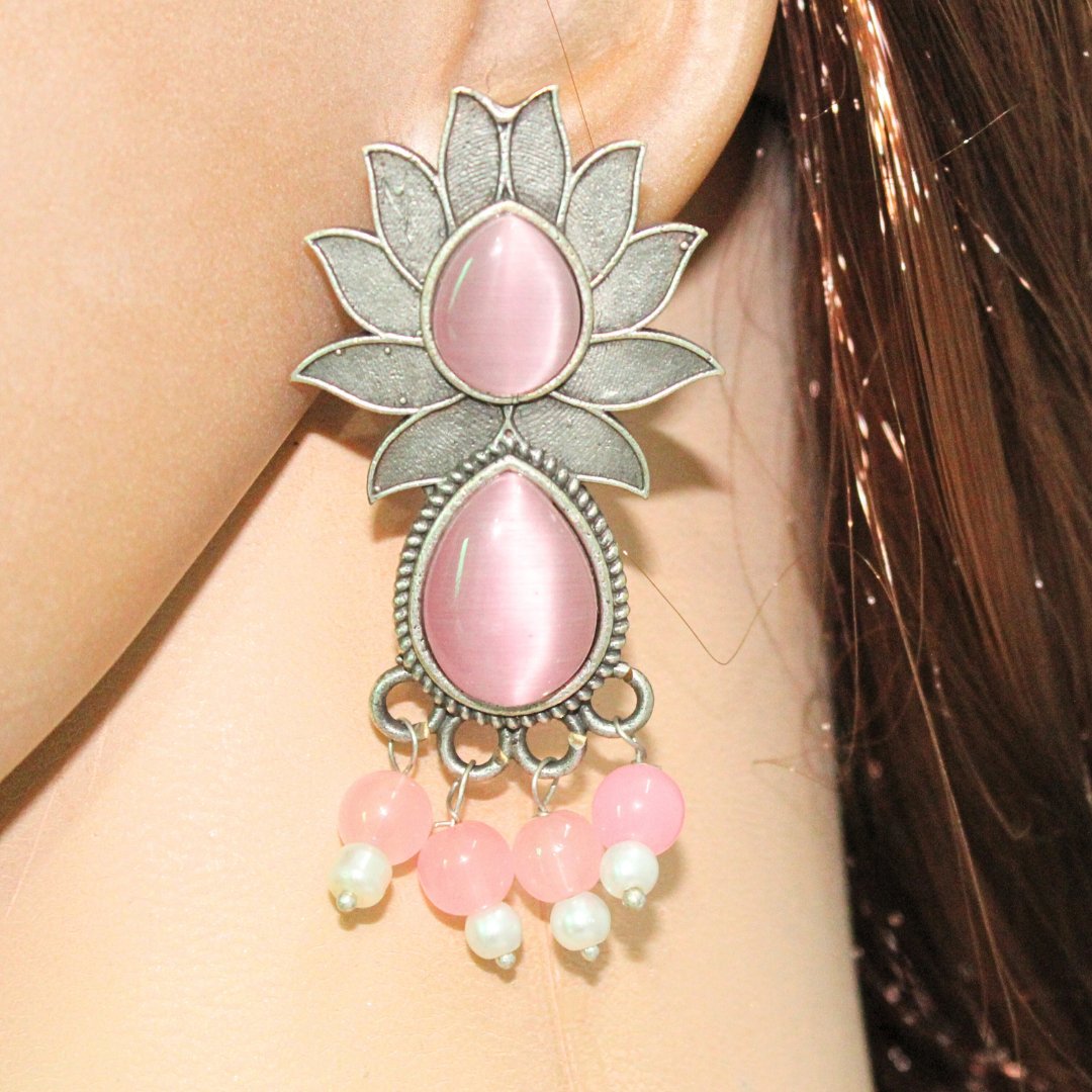 LOTUS FLOWER WITH TEAR DROP STONE EARRING-PINK -EARRING