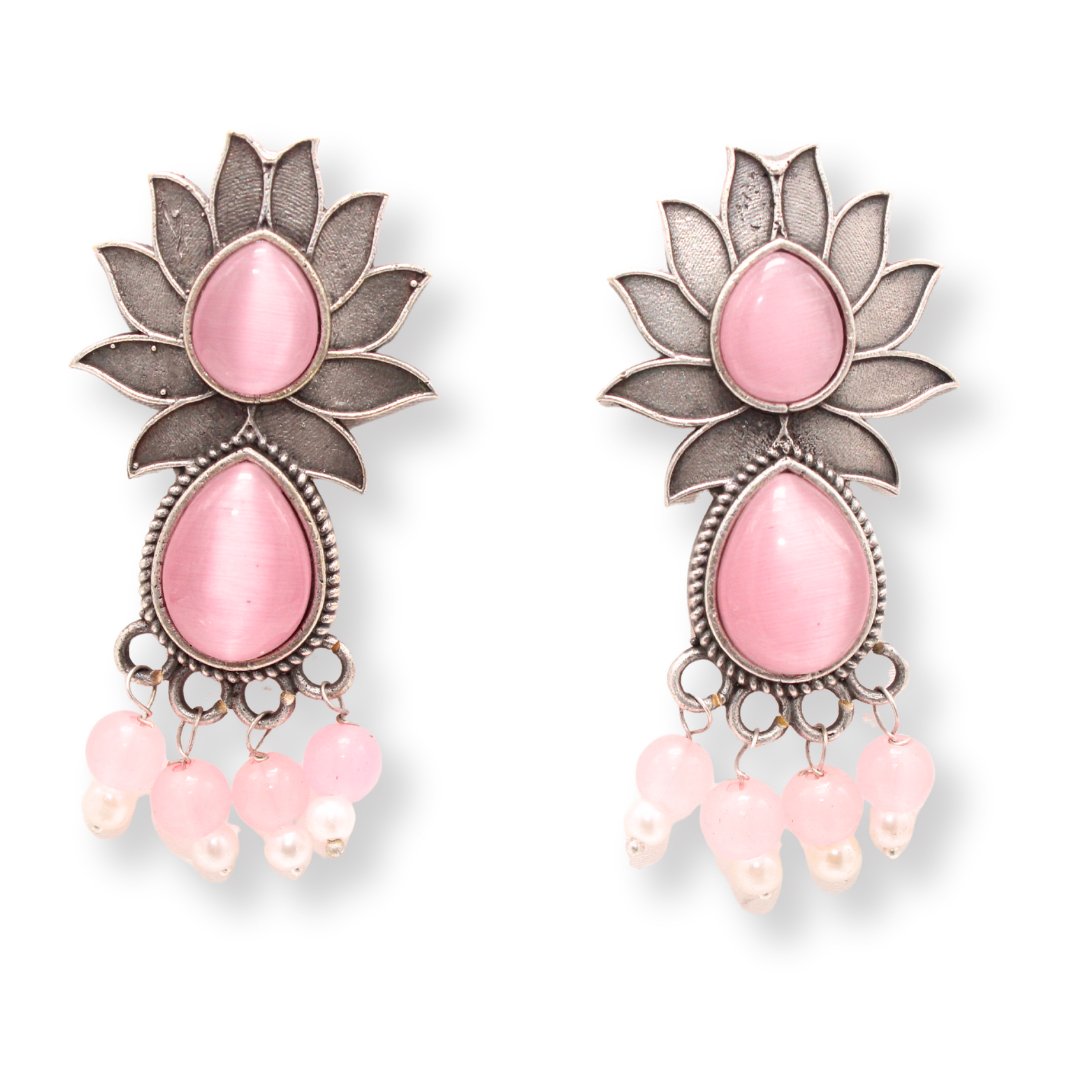 LOTUS FLOWER WITH TEAR DROP STONE EARRING-PINK -EARRING