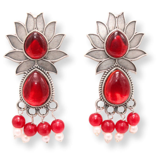 LOTUS FLOWER WITH TEAR DROP STONE EARRING-RED -EARRING