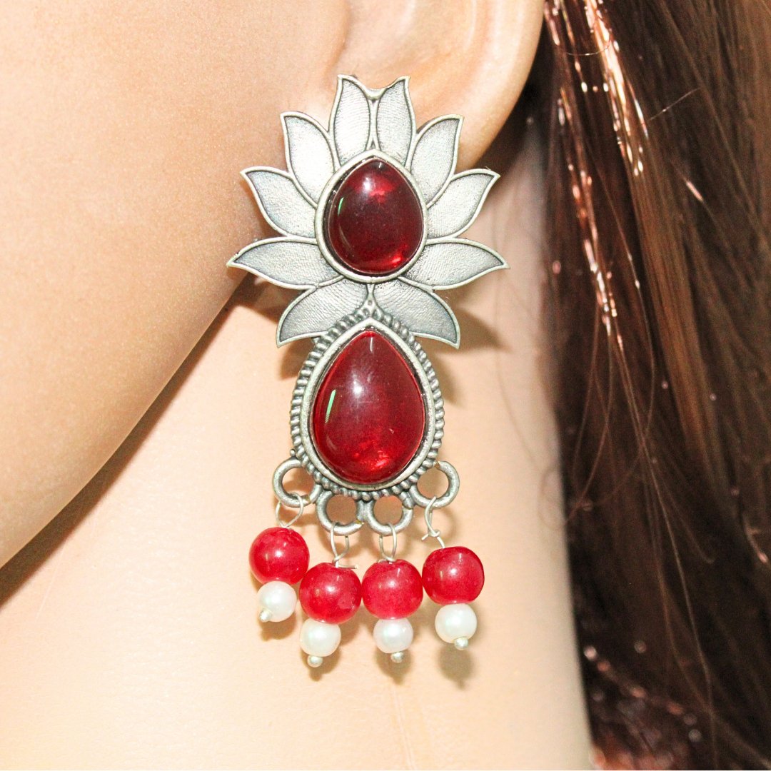 LOTUS FLOWER WITH TEAR DROP STONE EARRING-RED -EARRING