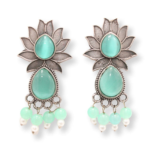 LOTUS FLOWER WITH TEAR DROP STONE EARRING-TURQUOISE -EARRING