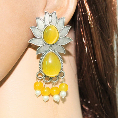 LOTUS FLOWER WITH TEAR DROP STONE EARRING-YELLOW -EARRING