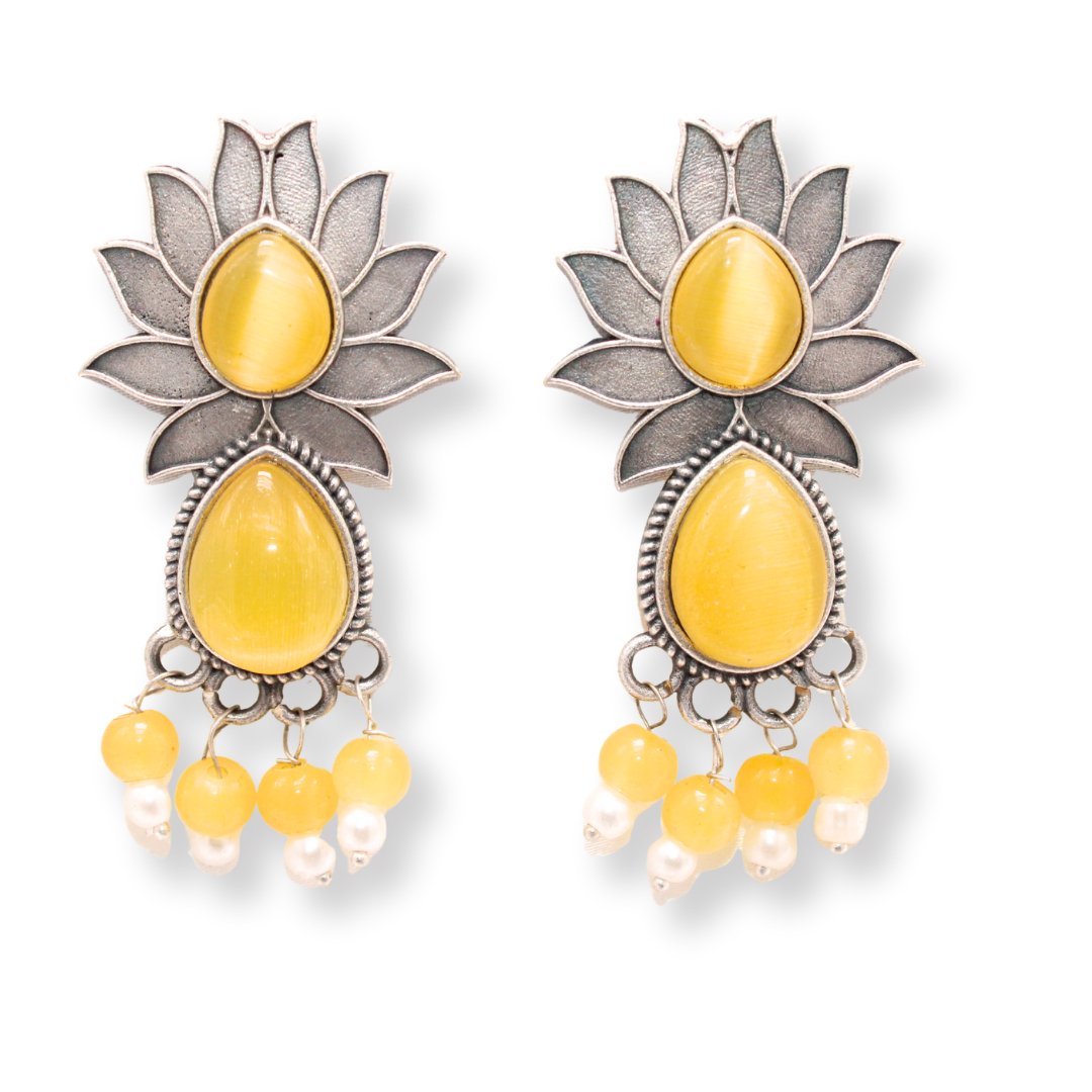 LOTUS FLOWER WITH TEAR DROP STONE EARRING-YELLOW -EARRING