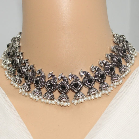 MAYURA STONE AND PEARL DROPS NECKLACE SET-BLACK -Necklace set