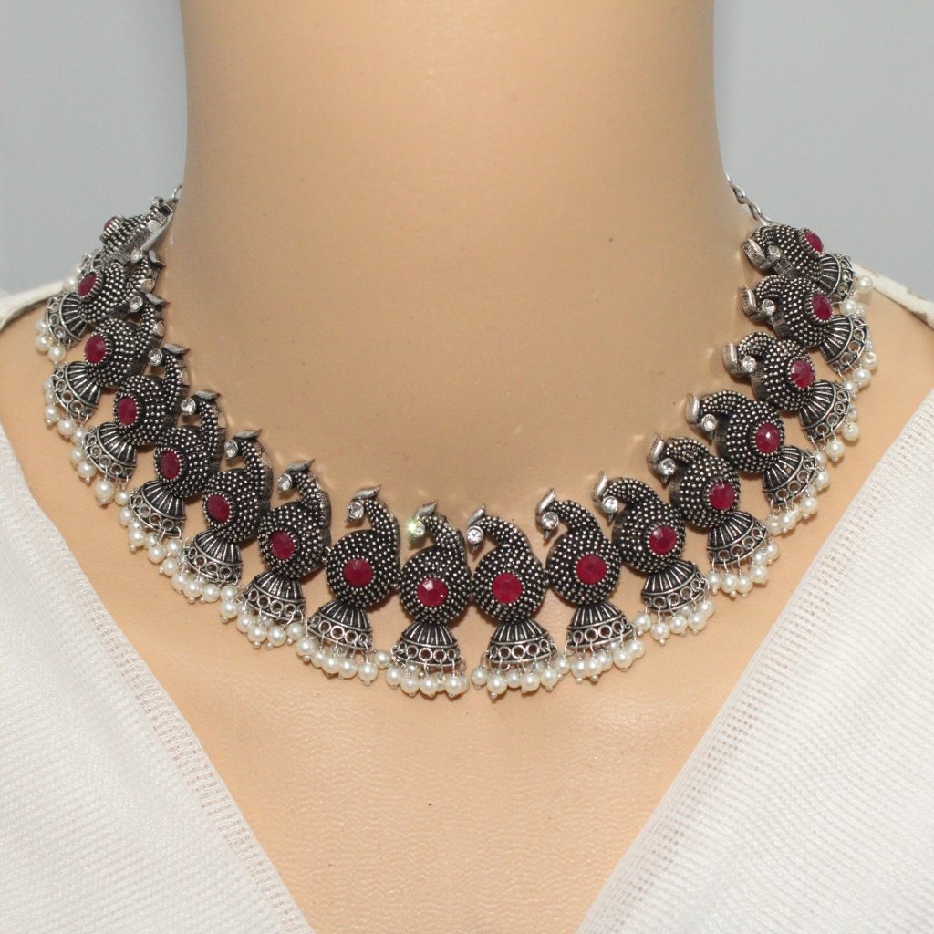 MAYURA STONE AND PEARL DROPS NECKLACE SET-MAROON -Necklace set