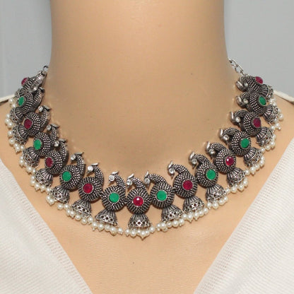 MAYURA STONE AND PEARL DROPS NECKLACE SET-MAROON&GREEN -Necklace set